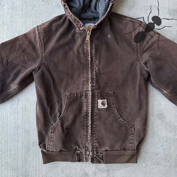 Vintage Y2K Carhartt YOUTH YJ159 DKB Brown hooded work wear jacket - Picture 3 of 8